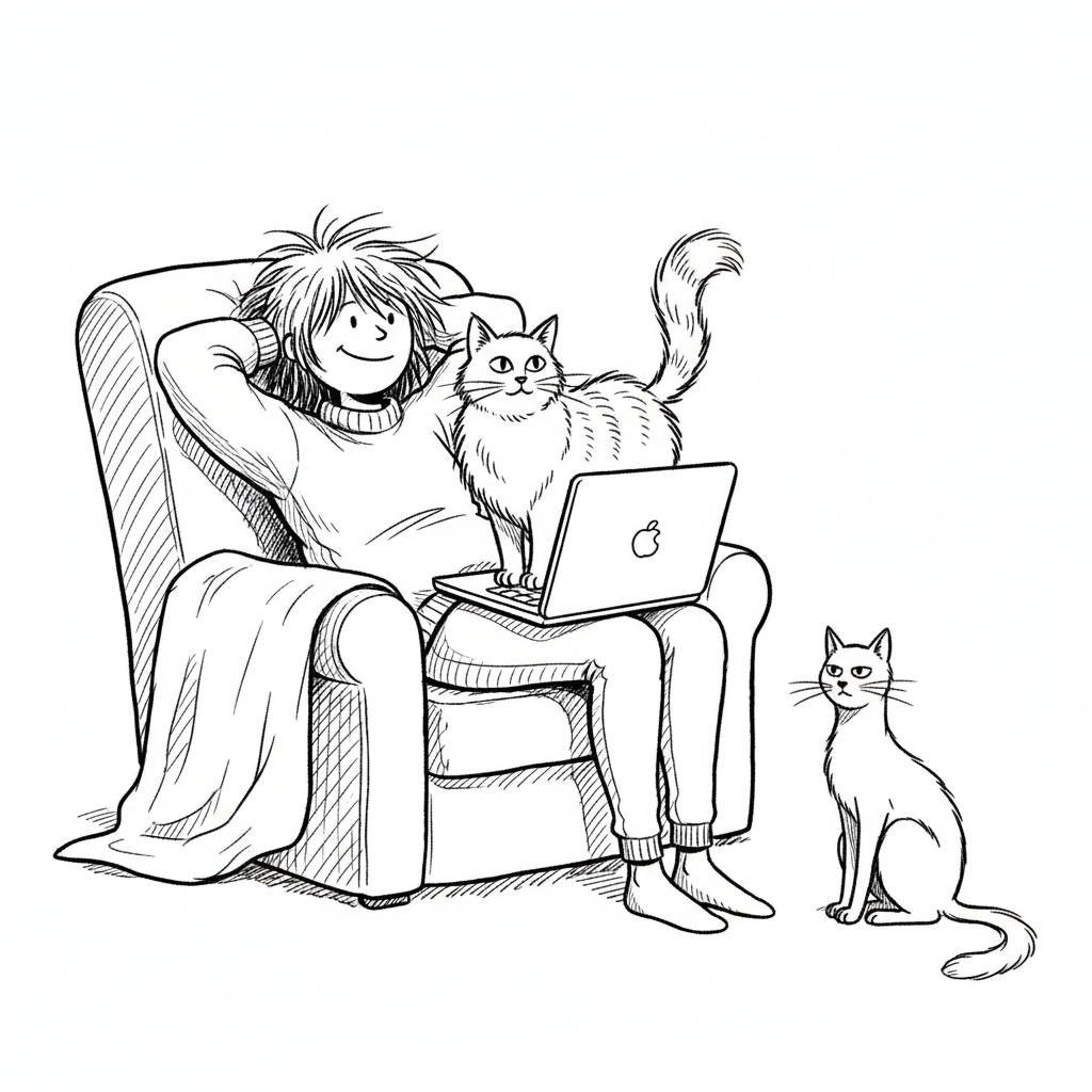 Person relaxing with laptop and cats