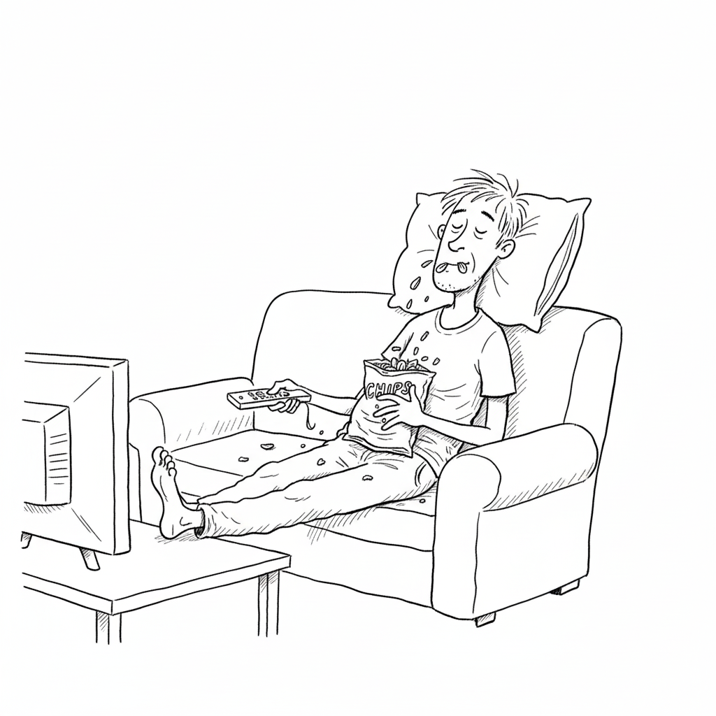 Person on couch watching TV with chips
