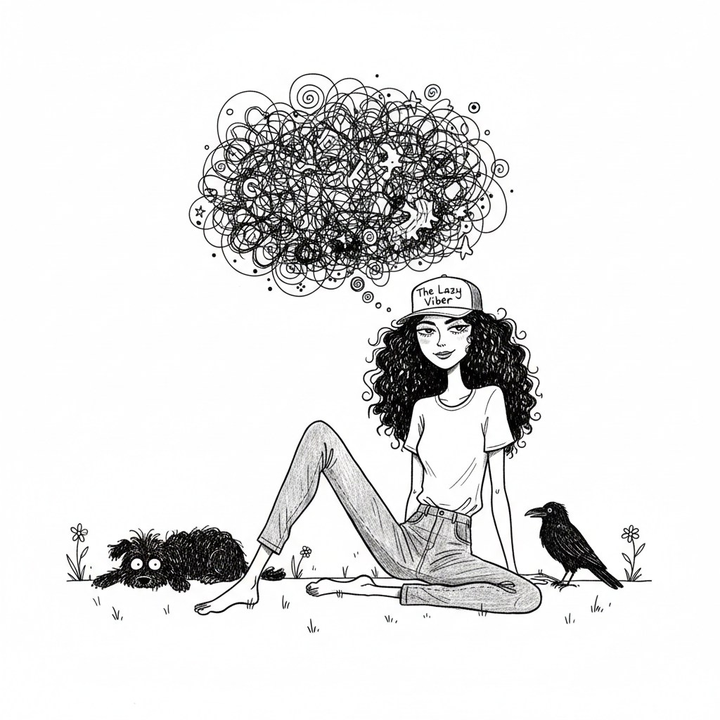 The Lazy Viber - woman relaxing with chaotic thoughts, a crow, and a fuzzy creature