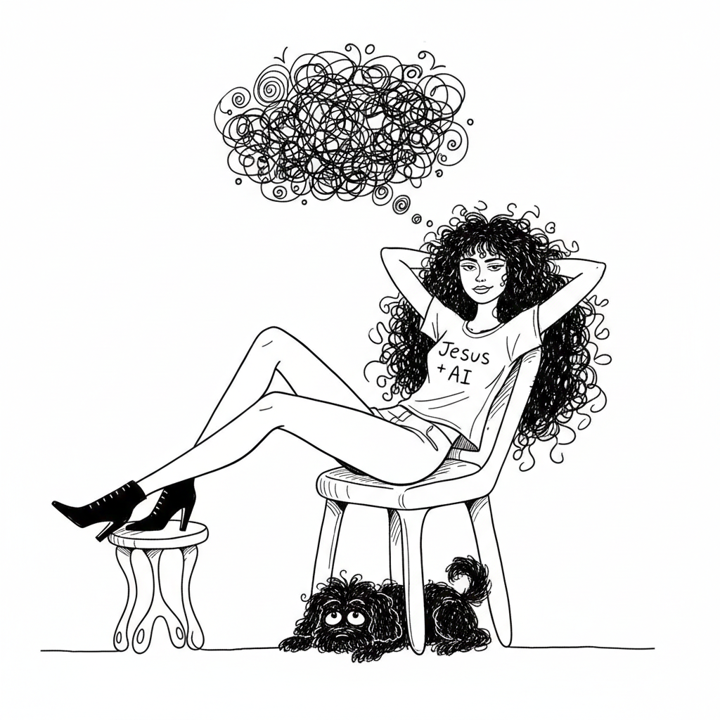 Maysoon relaxing in chair with feet up and dog - Jesus + AI